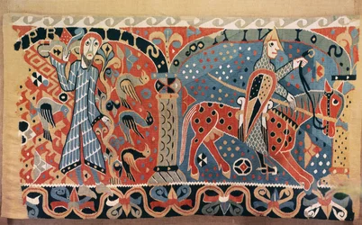 Normannischer Reiter auf einem Schecken und ein Mann umgeben von Vögeln, Detail aus dem Baldishol-Teppich aus der Baldishol-Kirche, Hedmark